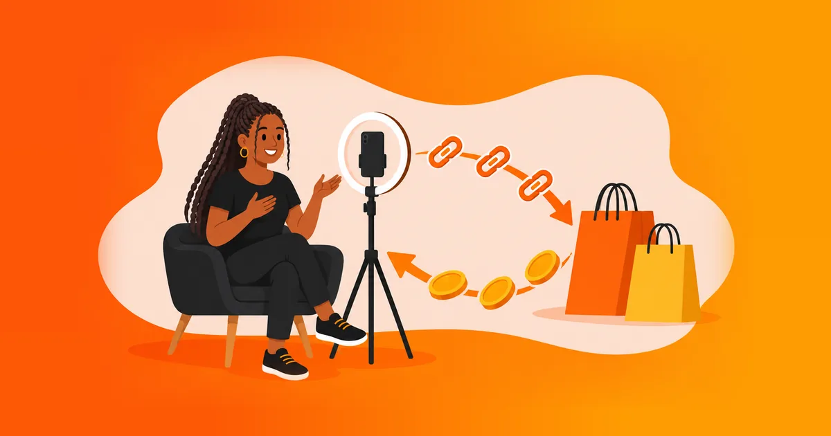 Criadora de conteúdo gravando com um celular num tripé enquanto links se transformam em moedas e sacolas de compras, ilustrando se o afiliado de marketplace precisa de CNPJ