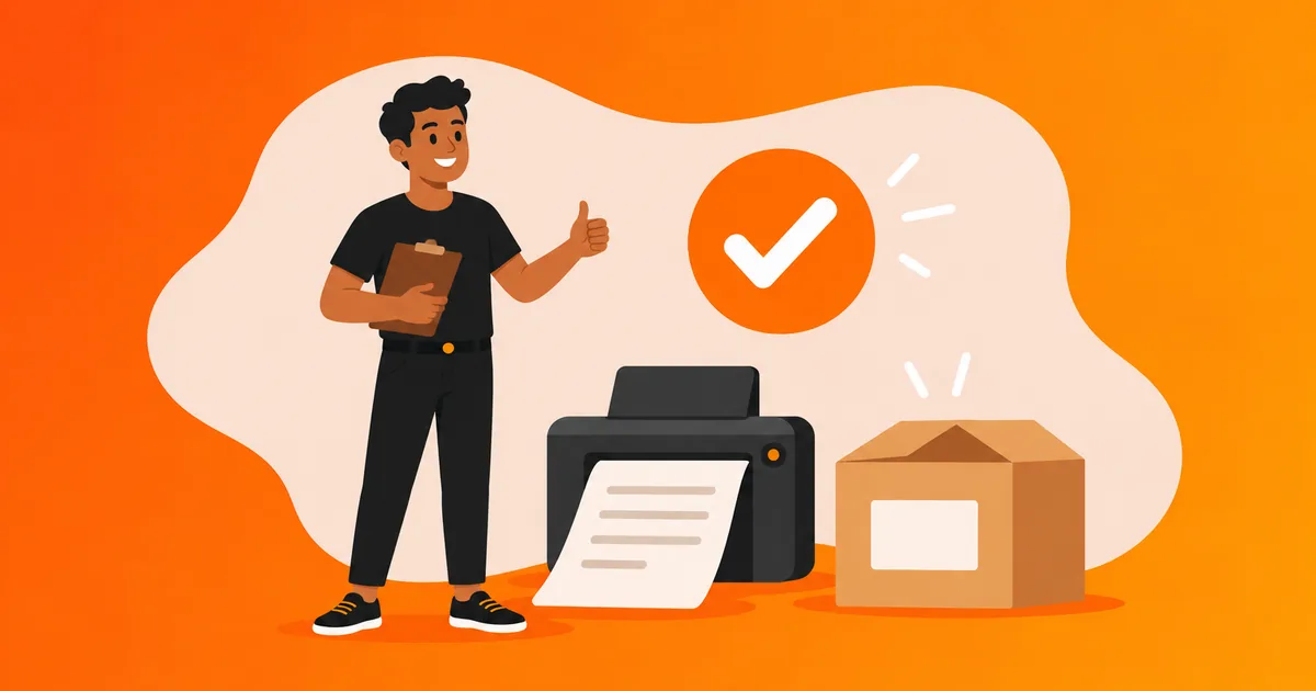 Vendedor fazendo sinal de positivo ao lado de uma impressora emitindo nota fiscal e uma caixa de encomenda, ilustrando como emitir nota fiscal vendendo em marketplace