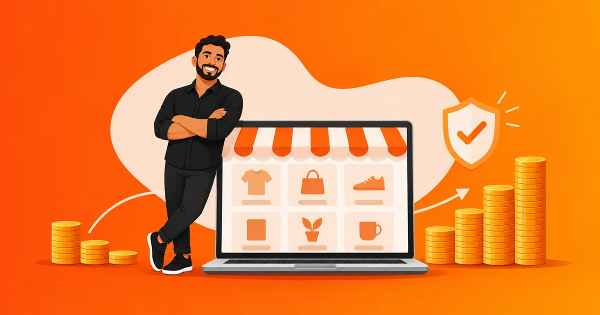 Empreendedor sorrindo ao lado de um notebook com loja online e pilhas de moedas crescendo, ilustrando como pagar menos imposto no e-commerce dentro da lei