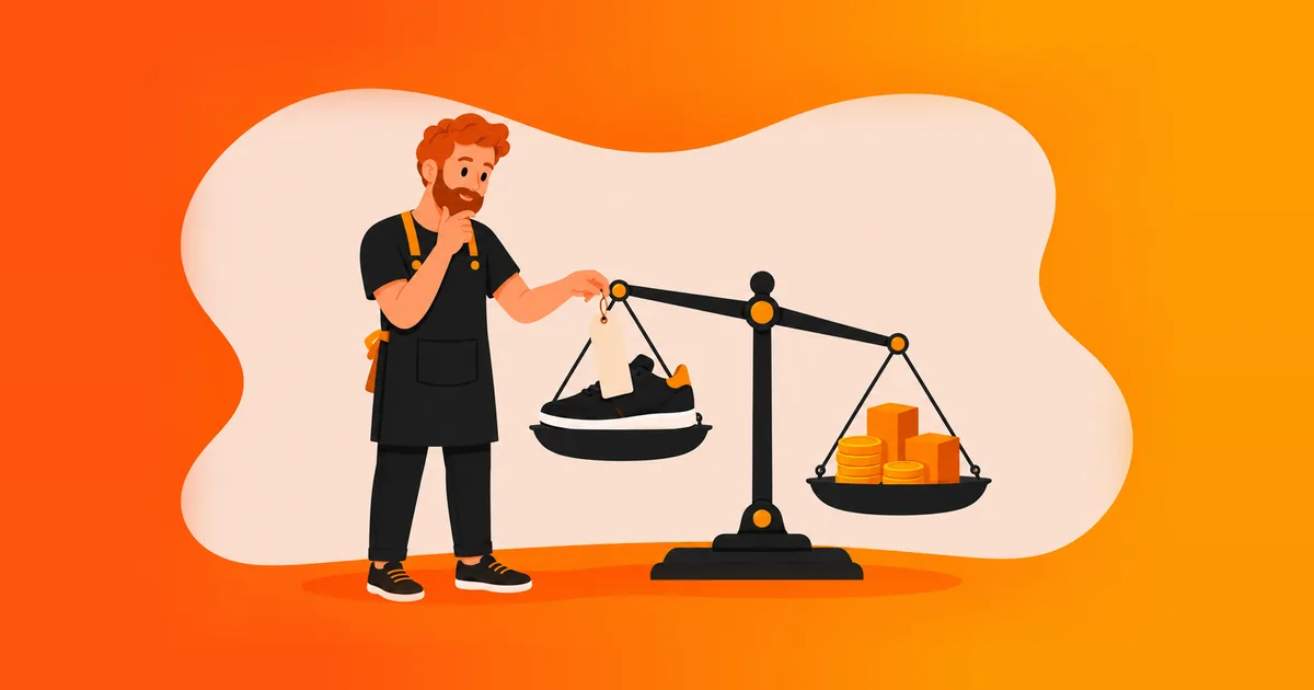 Vendedor de avental pensativo equilibrando um tênis e uma pilha de moedas numa balança, ilustrando como precificar o produto no marketplace