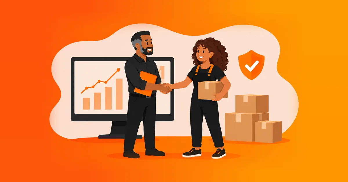 Contador apertando a mão de uma vendedora com caixas de encomenda, diante de um painel com gráfico em alta e um selo de segurança, ilustrando o contador especializado em e-commerce