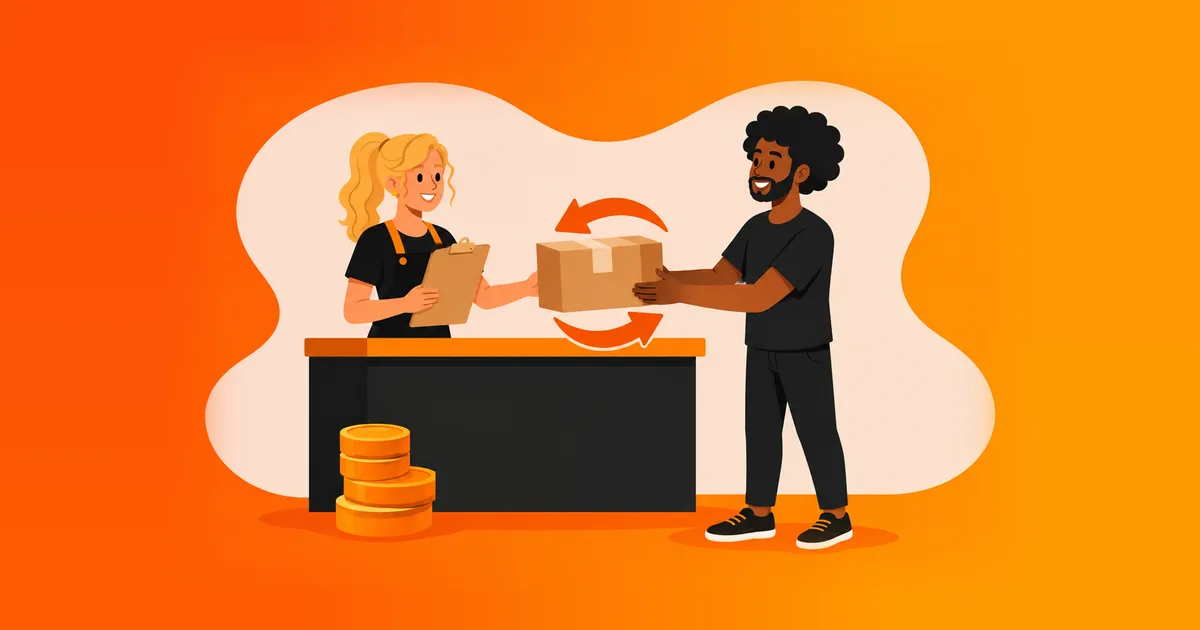 Atendente no balcão com uma prancheta recebendo uma caixa de um cliente, com setas de ida e volta, ilustrando a devolução e a troca no e-commerce
