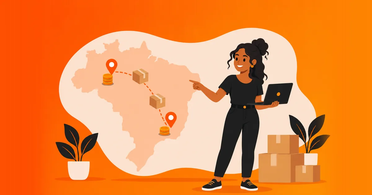 Vendedora apontando para um mapa do Brasil com caixas de encomenda viajando entre estados, ilustrando DIFAL e substituição tributária na venda online