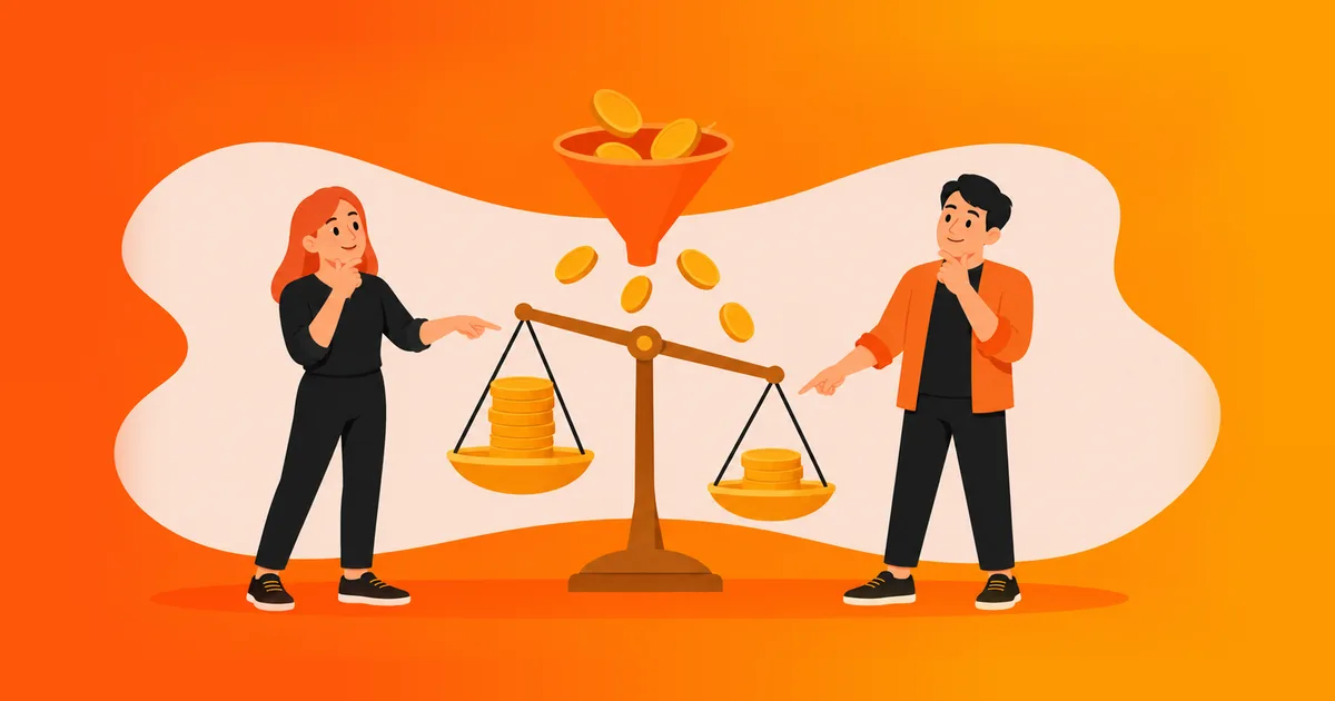 Dois sócios comparando pilhas de moedas numa balança com um funil retendo parte delas, ilustrando a diferença entre o valor bruto e o líquido do marketplace