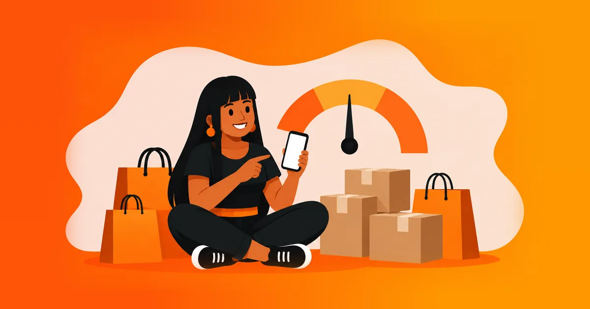 Vendedora sentada entre sacolas e caixas de encomenda apontando para um medidor de faturamento no celular, ilustrando se o MEI pode vender em marketplace