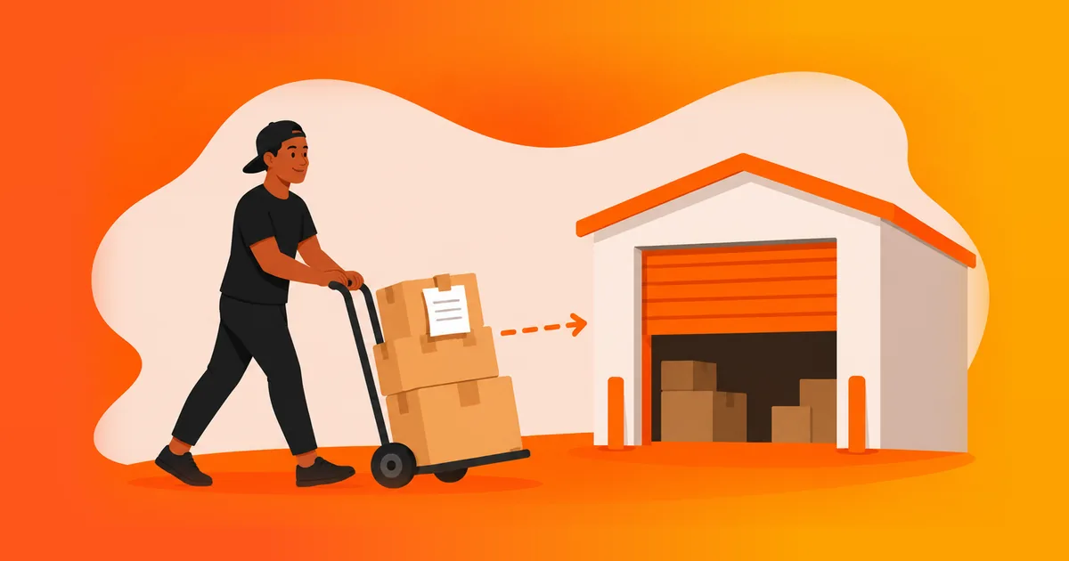 Vendedor empurrando um carrinho com caixas e uma nota fiscal presa até a porta de um armazém, ilustrando a nota fiscal de remessa para o fulfillment do marketplace