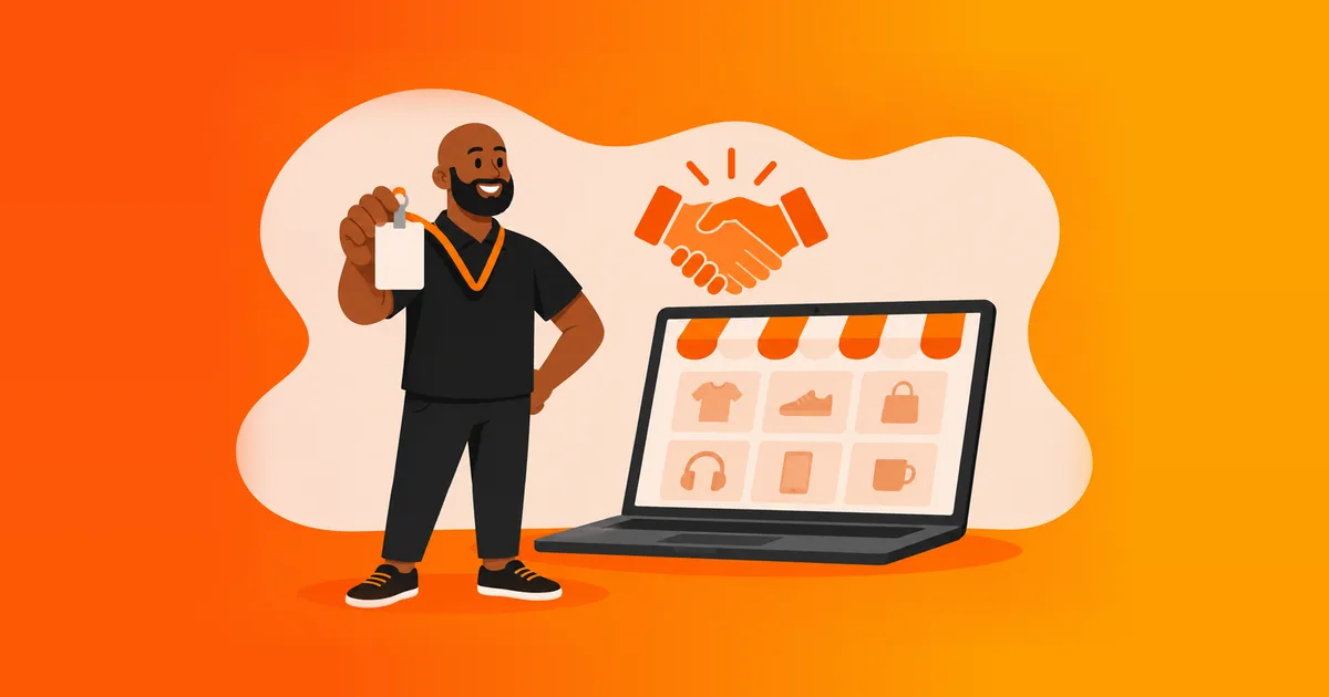 Vendedor segurando um crachá ao lado de um notebook com loja online e um aperto de mãos, ilustrando por que é preciso ter CNPJ para vender em marketplace