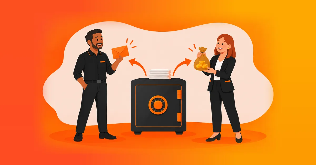 Dois sócios ao lado de um cofre da empresa, um recebendo um envelope de salário e a outra um saco de moedas, ilustrando a diferença entre pró-labore e distribuição de lucros