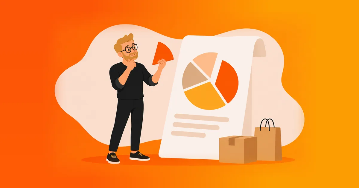 Vendedor de óculos segurando uma fatia de um gráfico de pizza ao lado de uma nota fiscal gigante, ilustrando qual imposto o vendedor de marketplace paga