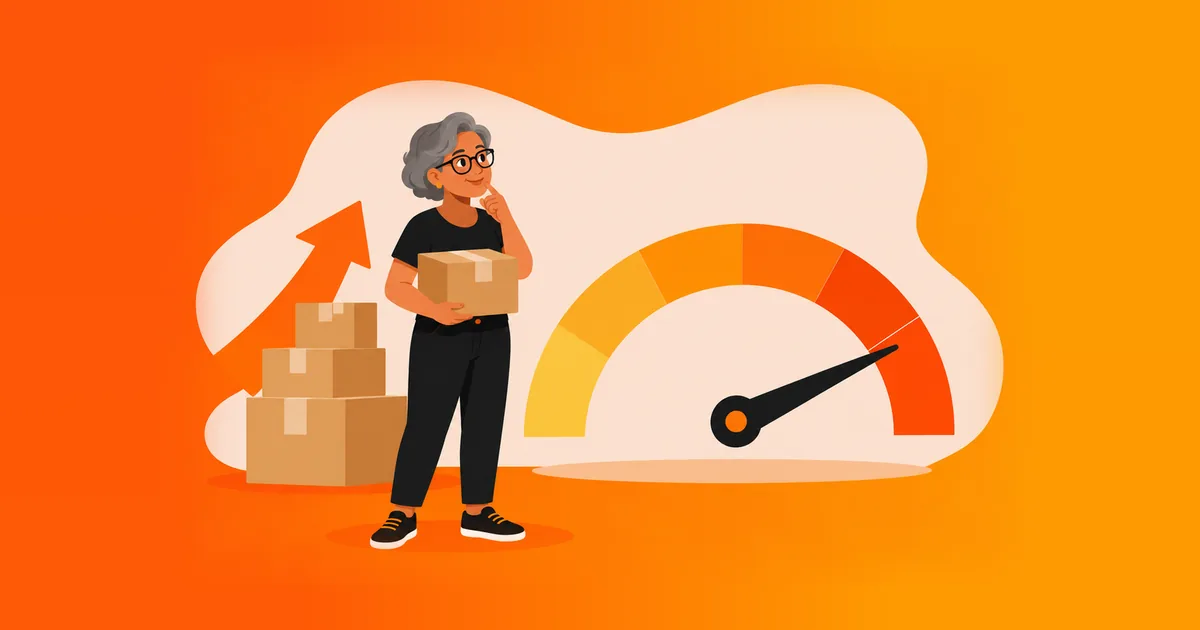 Empreendedora de cabelos grisalhos segurando uma caixa ao lado de um medidor com o ponteiro no limite e caixas empilhadas em crescimento, ilustrando a hora de sair do MEI
