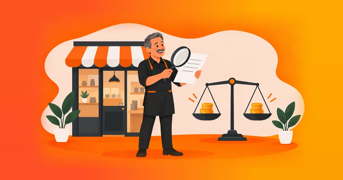 Comerciante de avental conferindo um documento com uma lupa na frente da sua loja, ao lado de uma balança com moedas equilibradas, ilustrando a reforma tributária e o Simples Nacional