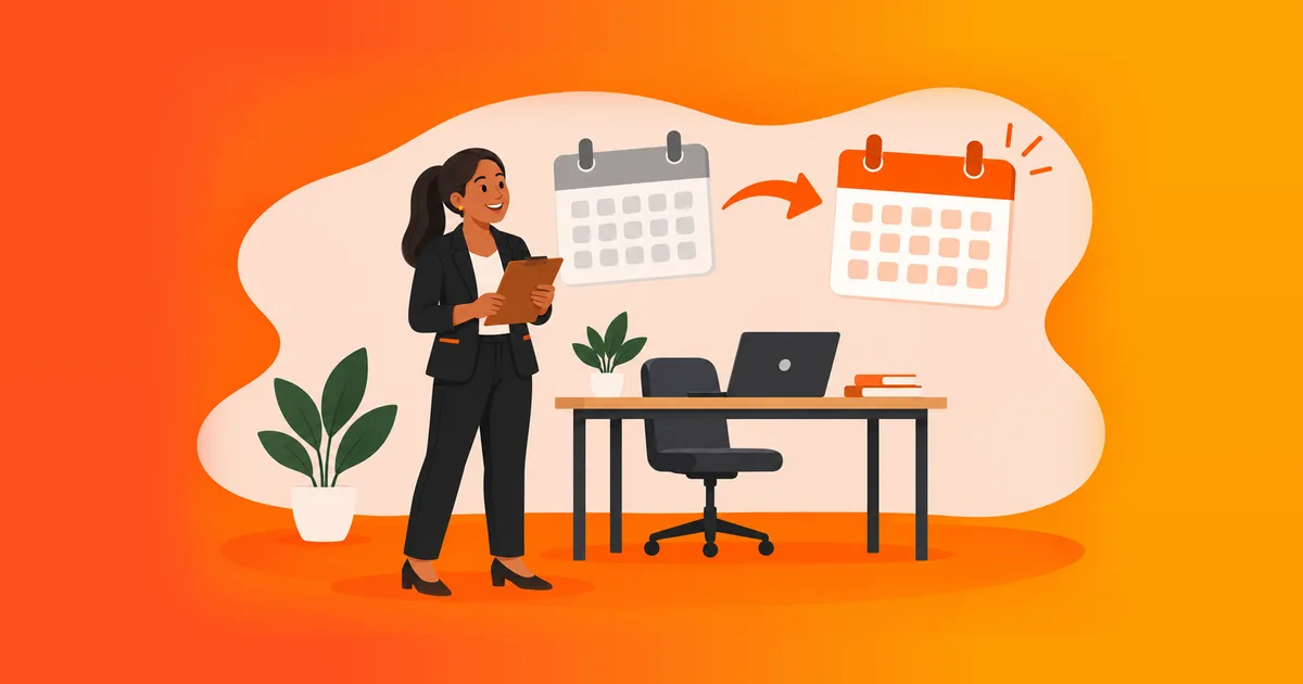 Prestadora de serviços com uma prancheta ao lado da mesa de trabalho, olhando um calendário antigo dar lugar a um novo, ilustrando o que muda com a reforma tributária para quem presta serviços
