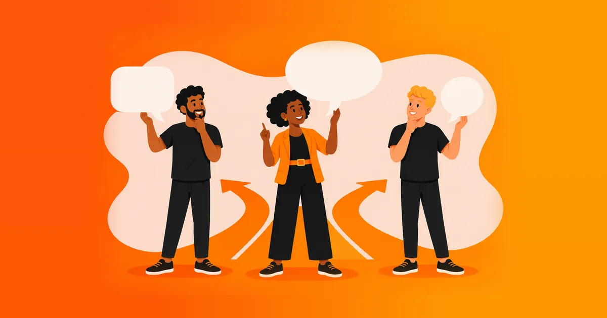 Três empreendedores pensativos diante de caminhos que se dividem, ilustrando a escolha entre Simples Nacional, Lucro Presumido e Lucro Real para a loja virtual