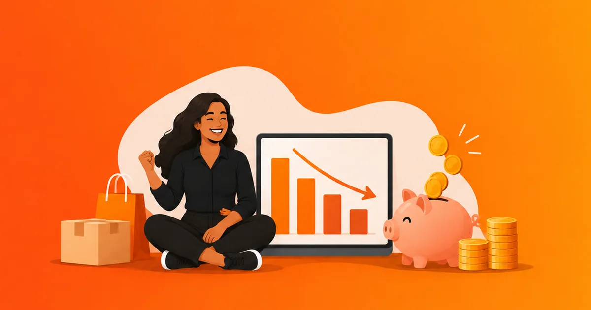 Empreendedora comemorando ao lado de um gráfico de impostos em queda e um cofrinho recebendo moedas, ilustrando os sinais de que a empresa paga imposto demais