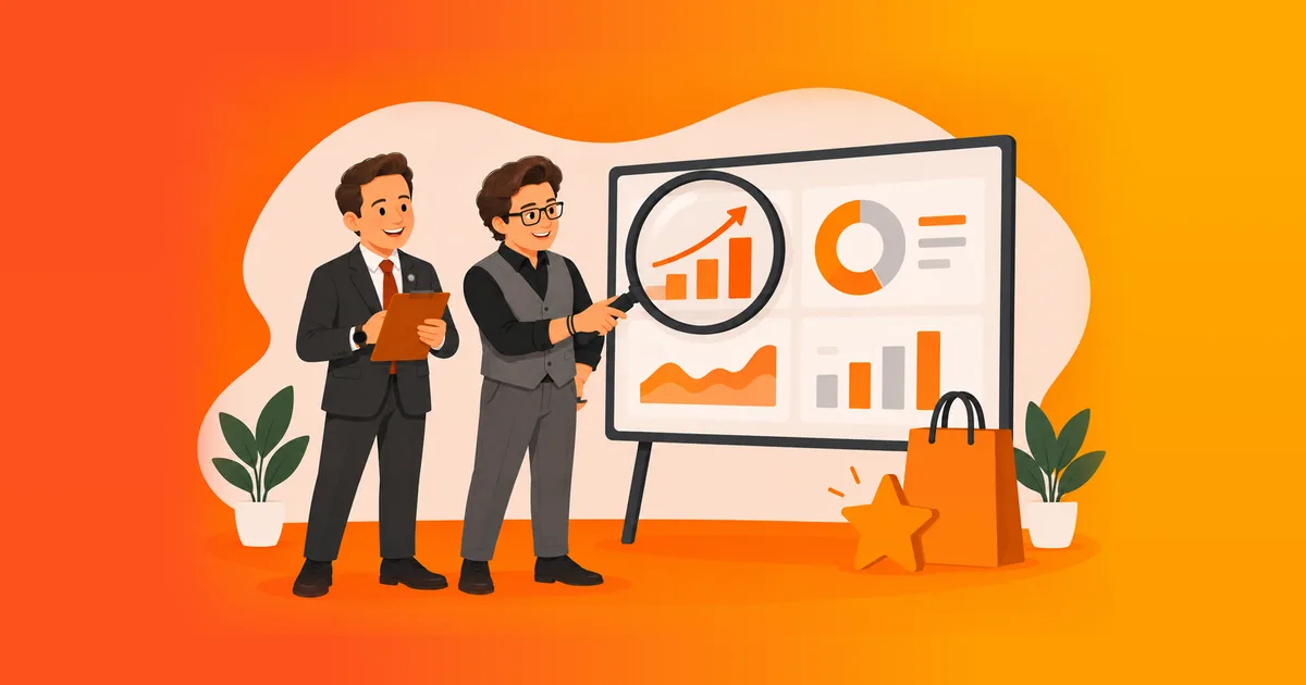 Adrian Blanco e Lucas Lisboa, contadores da You, analisando com lupa os gráficos de vendas de uma conta de marketplace