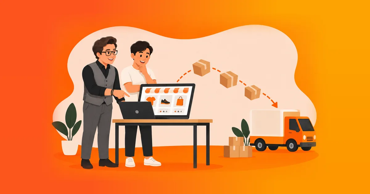 Lucas Lisboa, contador da You, analisando com um lojista a loja online enquanto as encomendas seguem para entrega, ilustrando a contabilidade para e-commerce